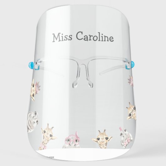 Cute Girly Pink Giraffe and Hippo Personalized Face Shield (Front)