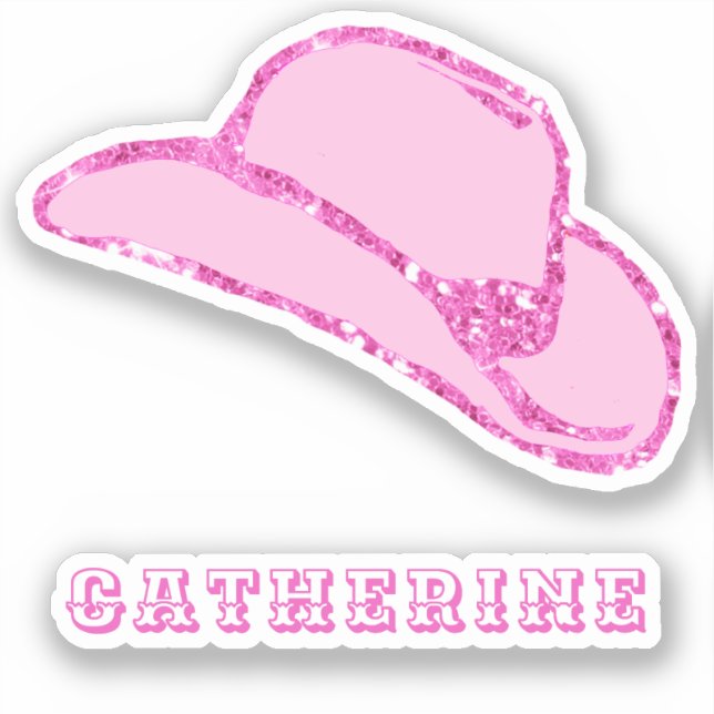 Cute Girly Pink Glitter Cowgirl Hat with Name Sticker (Front)
