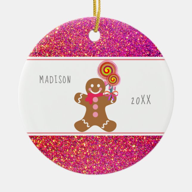 Cute Girly Pink Glitter Gingerbread Candy Name Ceramic Ornament (Front)