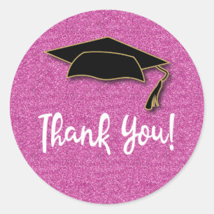 Cute Girly Pink Glitter Graduation Thank You Classic Round Sticker