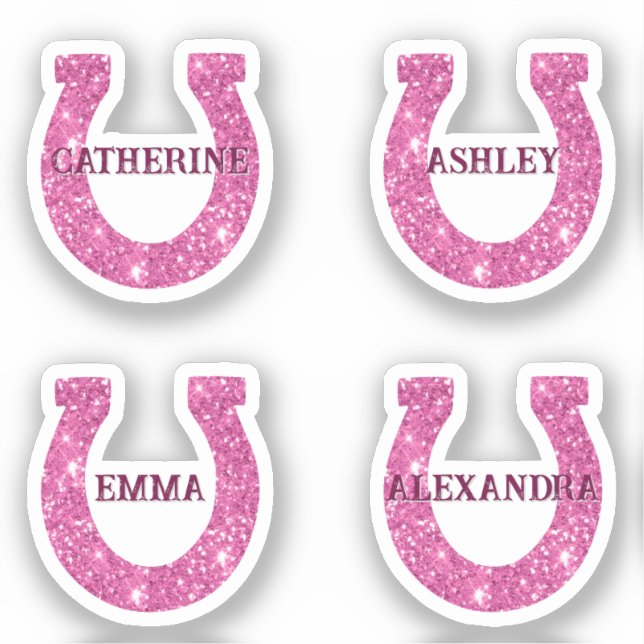 Cute Girly Pink Glitter Horseshoe Name Pack Sticker (Front)