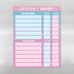 Cute Girly Pink Glitter Kids Daily Chores  Magnetic Dry Erase Sheet