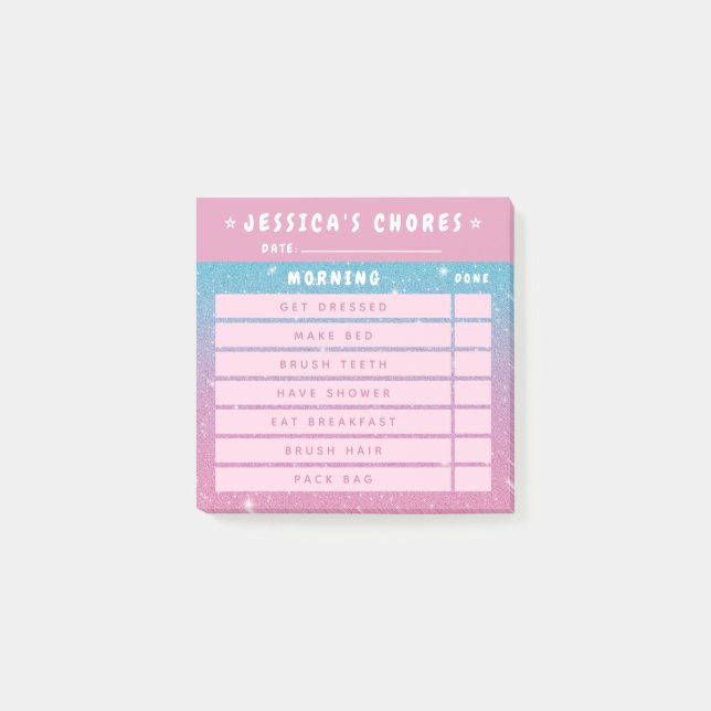 Cute Girly Pink Glitter Kids Morning Chores 3x3 Post-it Notes (Front)
