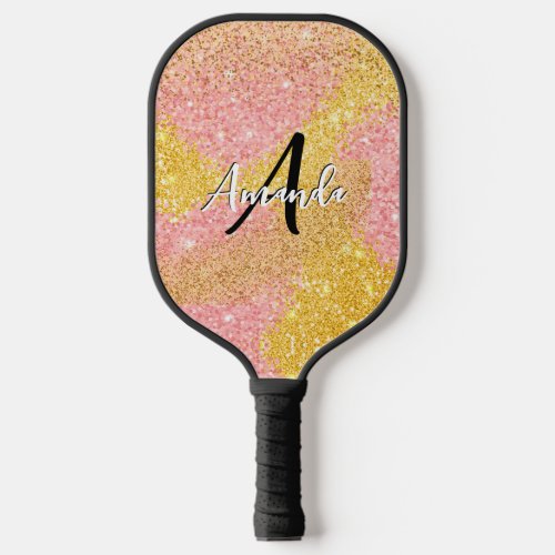 Cute Girly Pink Glitter Monogram Name Initial Pickleball Paddle