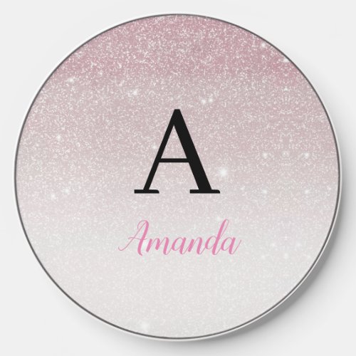 Cute Girly Pink Glitter Monogram Name  Initial Wireless Charger