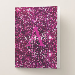 Cute Girly Pink Glitter Sequins Monogrammed Pocket Folder