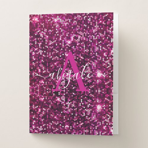 Cute Girly Pink Glitter Sequins Monogrammed  Pocket Folder