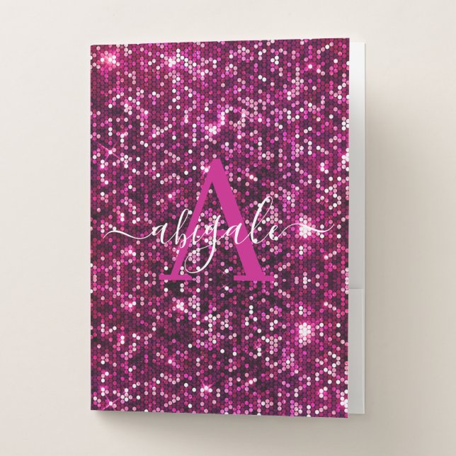 Cute Girly Pink Glitter Sequins Monogrammed  Pocket Folder (Front)