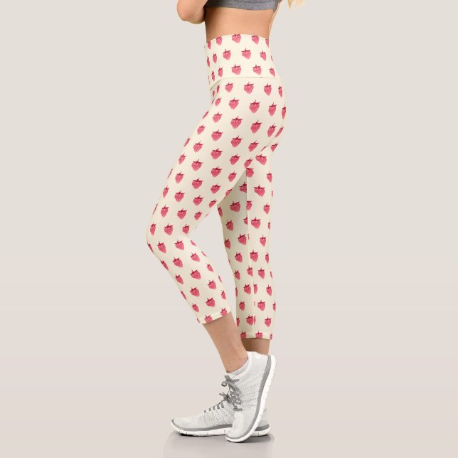 Cute Girly Pink Glitter Strawberry Capri Leggings (Left)