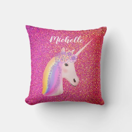 Cute Girly Pink Glitter Unicorn Personized Throw Pillow