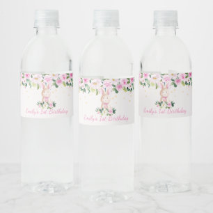 Cute Girly Pink & Gold Bunny Rabbit Birthday Favor Water Bottle Label