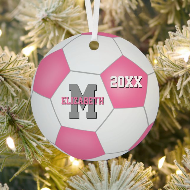 cute girly pink gray keepsake soccer metal ornament (Insitu)
