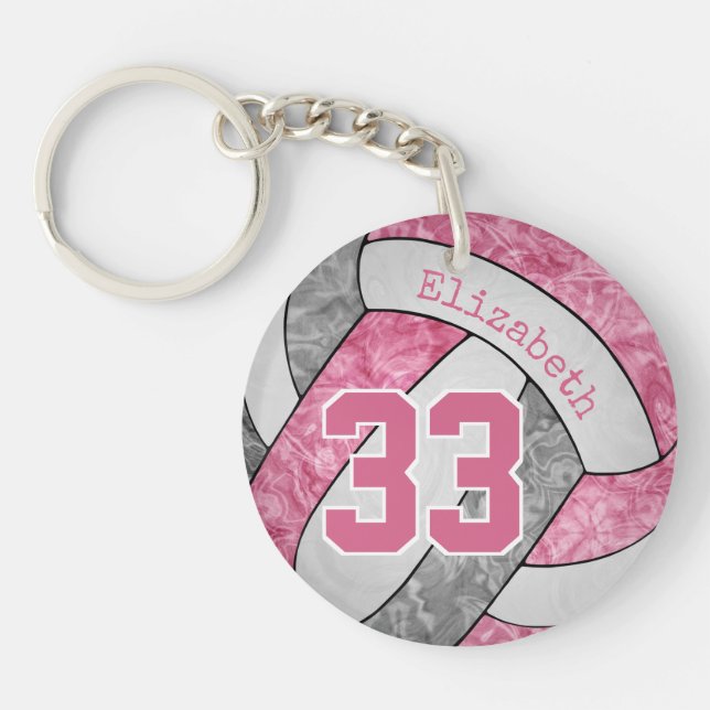 cute girly pink gray personalized volleyball keychain (Front)