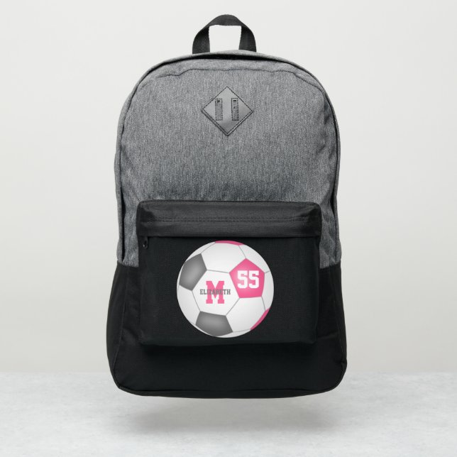 cute girly pink gray soccer ball personalized port authority® backpack (Front)