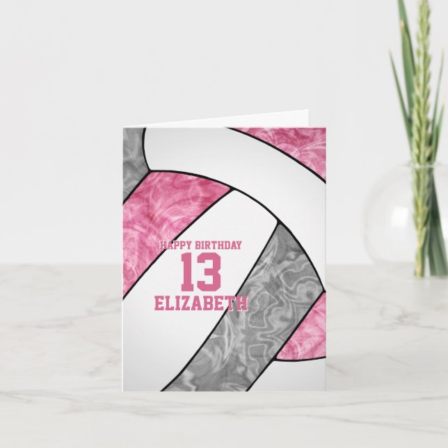 cute girly pink gray volleyball birthday card (Front)