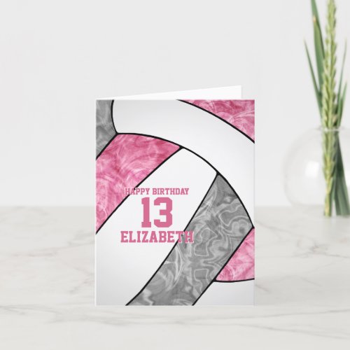 cute girly pink gray volleyball birthday card