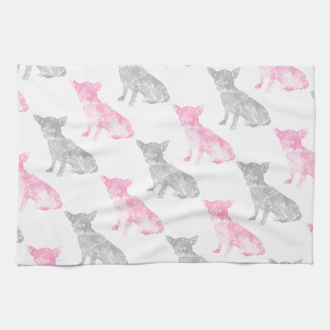 Cute girly pink gray watercolor chihuahua pattern towel (Horizontal)