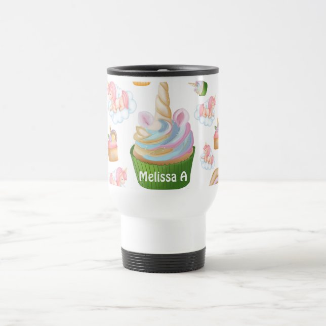 Cute Girly Pink Green Cupcake Unicorn Pattern Travel Mug (Center)