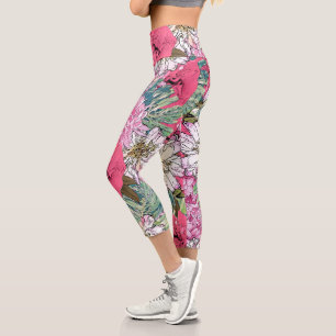 Cute Girly Pink & Green Floral Illustration Capri Leggings