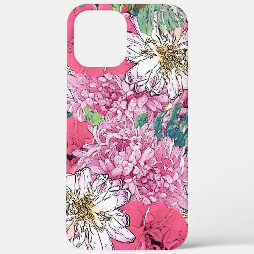 Cute Girly Pink  Green Floral Illustration iPhone 12 Pro Max Case