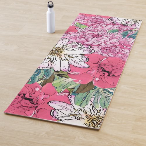 Cute Girly Pink  Green Floral Illustration Yoga Mat