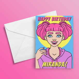 Cute Girly Pink Hair Teen Girl Birthday Card