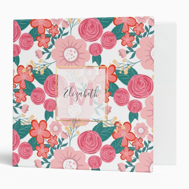 Cute girly pink Hand Drawn Flowers design 3 Ring Binder (Front/Inside)