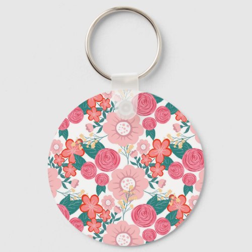 Cute girly pink Hand Drawn Flowers design Keychain