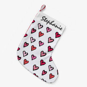 Cute Girly Pink Hand Drawn Hearts on White Pattern Small Christmas Stocking