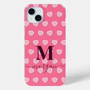 Cute Girly Pink Heart Monogram name  iPhone 15 Plus Case