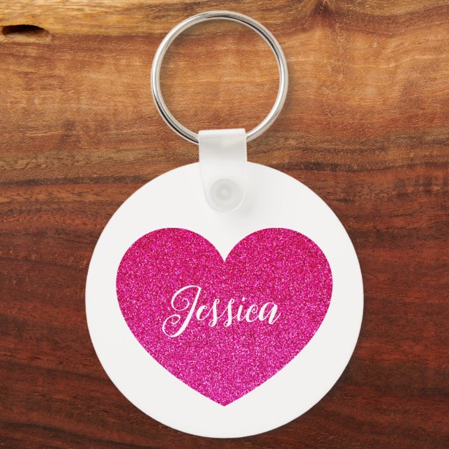 Cute Girly Pink Heart Personalized Name Keychain (Back)
