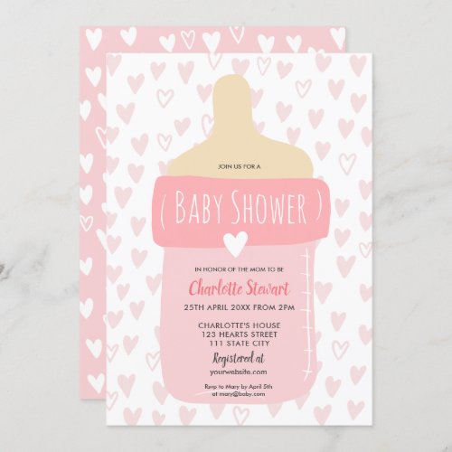 Cute  girly pink hearts baby bottle baby shower invitation
