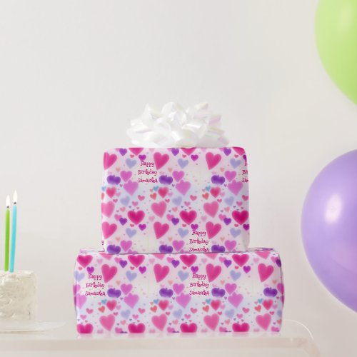 Cute Girly Pink Hearts Happy Birthday  Wrapping Paper