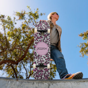 Cute Girly Pink Leopard Animal Print Custom Name Skateboard