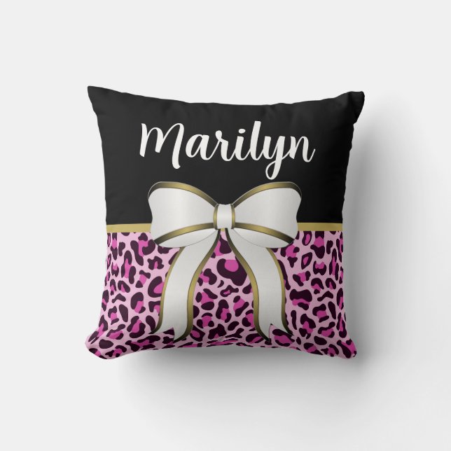 Cute Girly Pink Leopard Print Girl's Bow Cute Name Throw Pillow (Front)