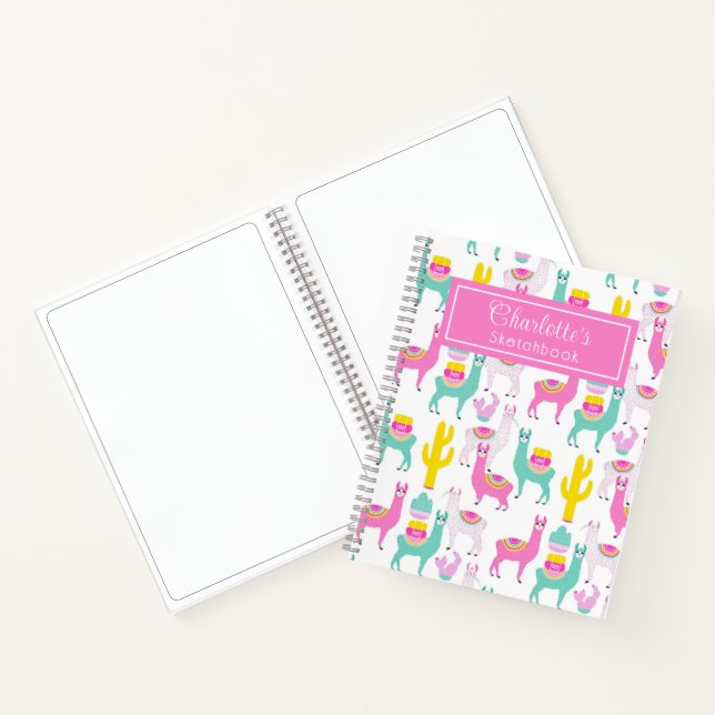 Cute Girly Pink Llama Cactus Sketchbook Notebook (Inside)