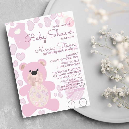 Cute Girly Pink Mauve Teddy Bear Girl Baby Shower Invitation