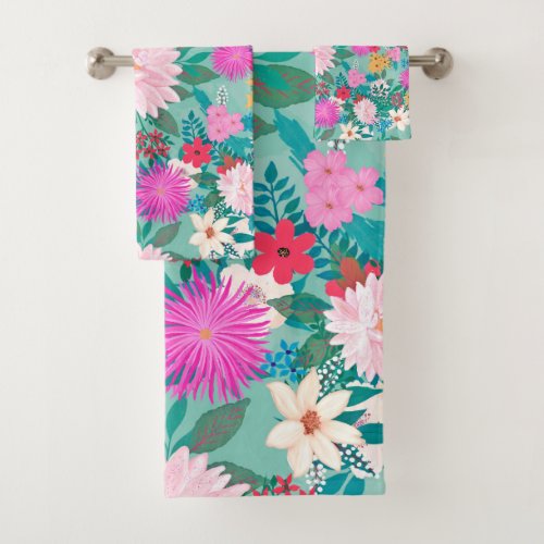 Cute girly pink  Mint hand paint floral design Bath Towel Set