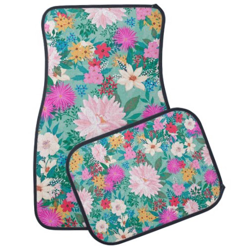 Cute girly pink  Mint hand paint floral design Car Floor Mat