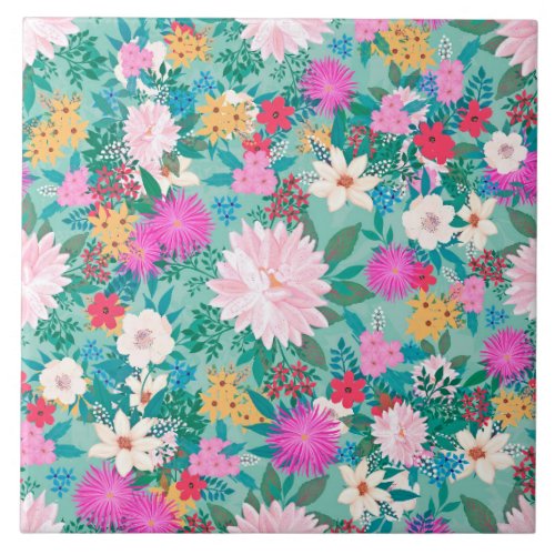 Cute girly pink  Mint hand paint floral design Ceramic Tile