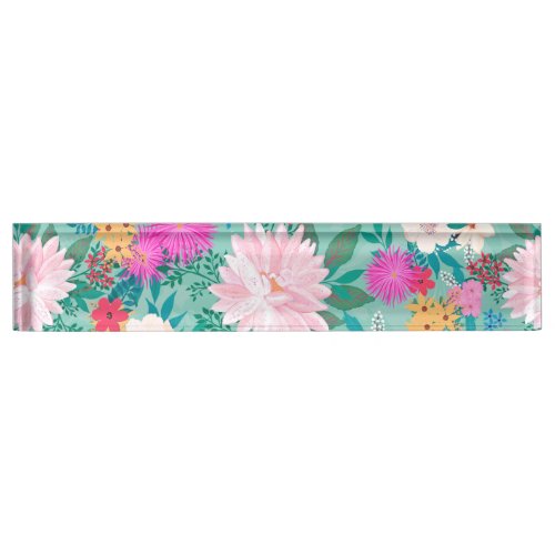 Cute girly pink  Mint hand paint floral design Desk Name Plate