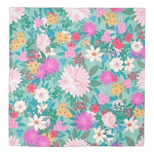 Cute girly pink  Mint hand paint floral design Duvet Cover
