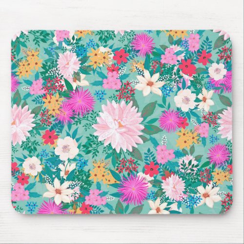 Cute girly pink  Mint hand paint floral design Mouse Pad