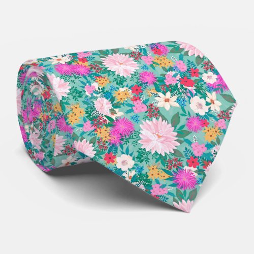 Cute girly pink  Mint hand paint floral design Neck Tie
