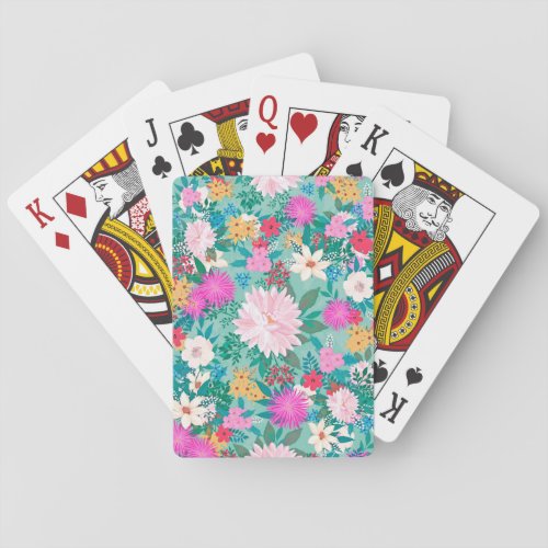 Cute girly pink  Mint hand paint floral design Playing Cards
