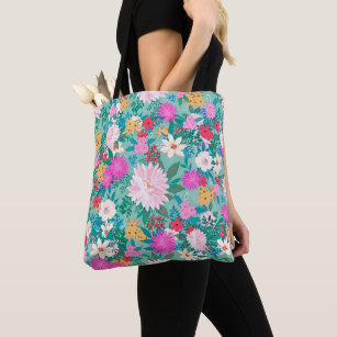 Hand Painted Floral Pattern in Teal & Navy Blue Tote Bag by
