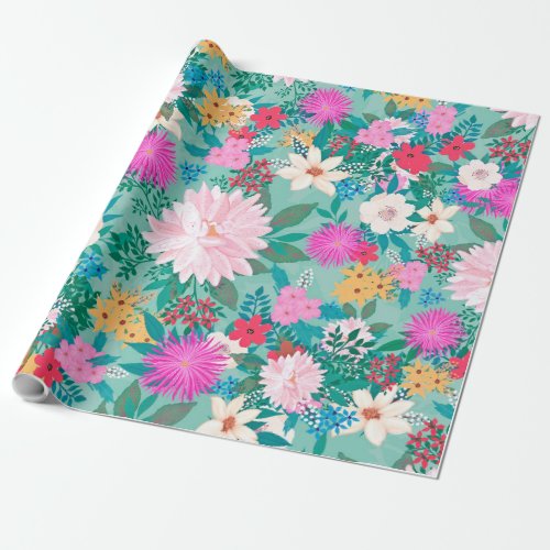 Cute girly pink  Mint hand paint floral design Wrapping Paper