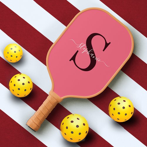 Cute Girly Pink Monogram Initial  Name Pickleball Paddle