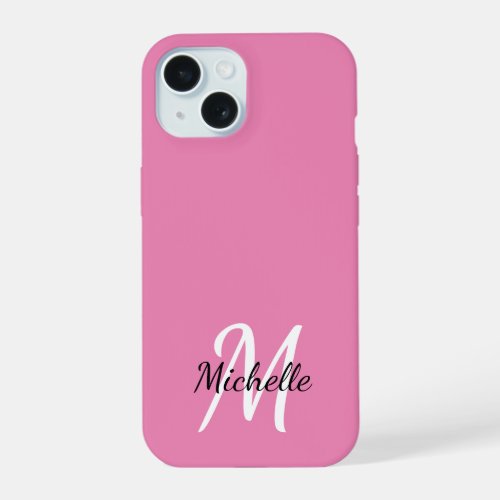 Cute Girly Pink Monogram Name  Initial iPhone 15 Case