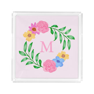 Cute Girly Pink Monogram Watercolour Floral Wreath Acrylic Tray